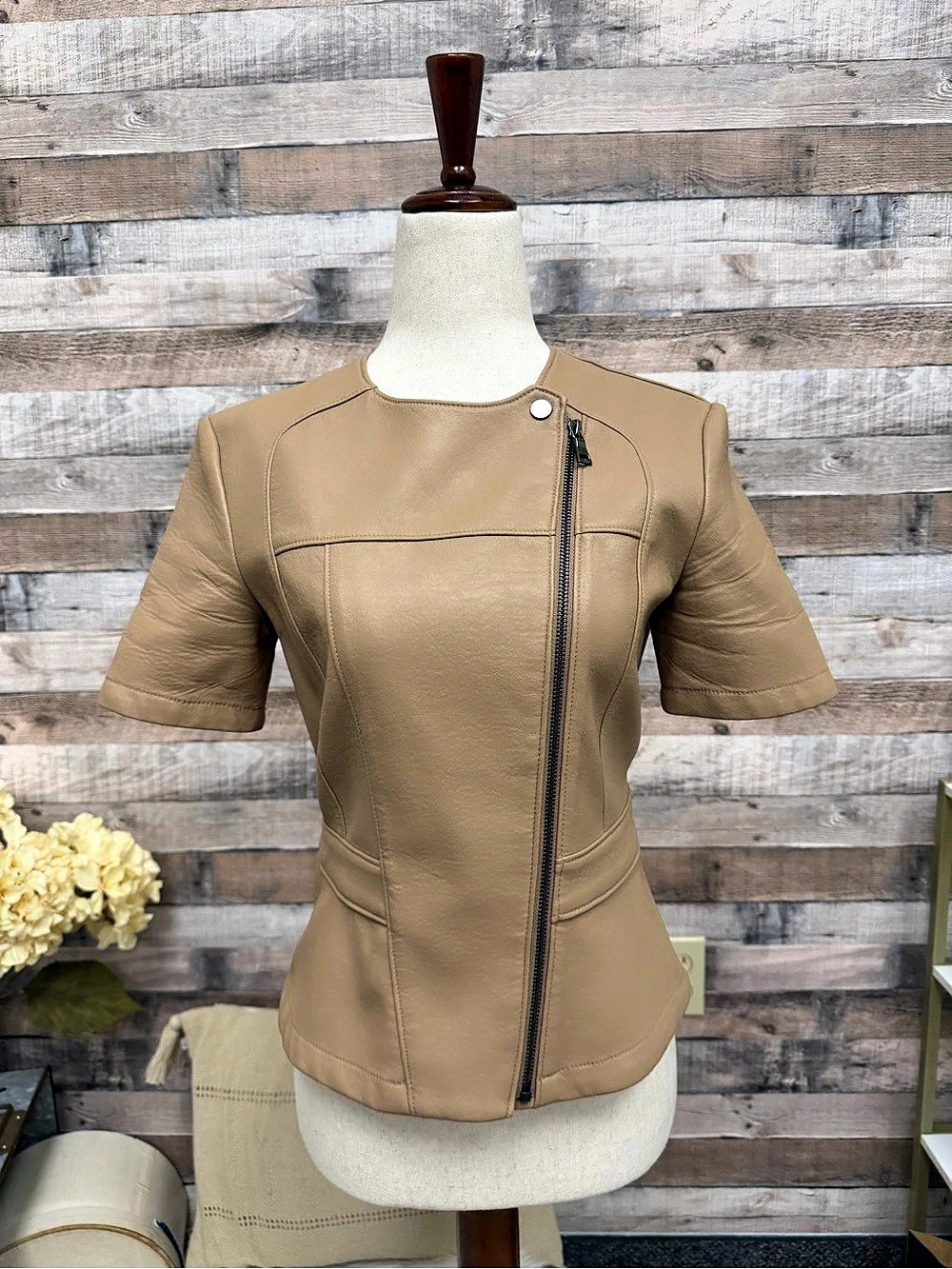 BCGG Camel Faux Leather Dayne Short Sleeve Cropped Jacket